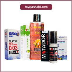 پک لذت پلاس ( روان کننده موهیتو اورز، کرم تاخیری ماتادور،ژل خوراکی کاماگرا، کاندوم 003 کدکس، روغن ماساژ مراکشی)